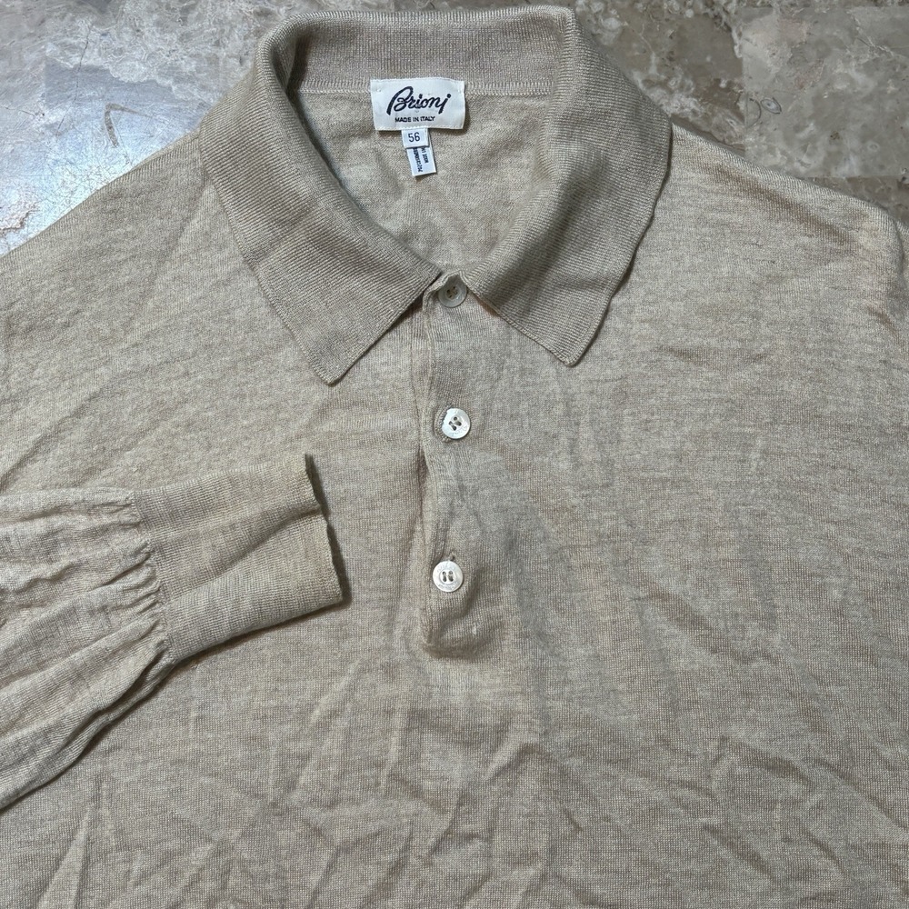 Brioni Sweater Polo Mens 56 Beige Tan Long Sleeve Cashmere Silk Collared